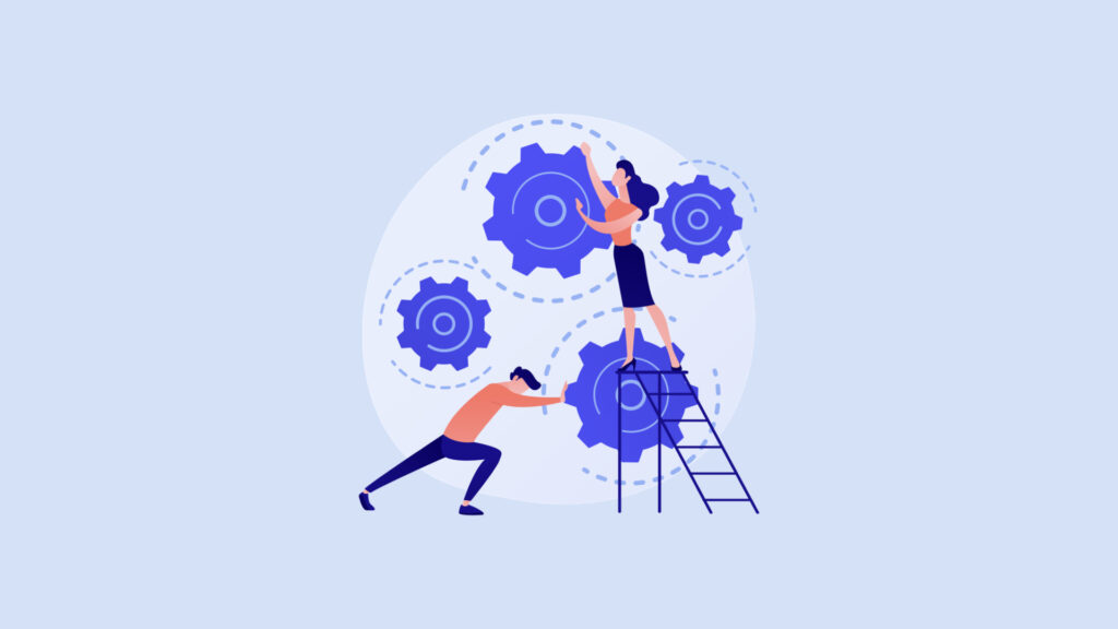 Ilustracja przedstawia dwie osoby współpracujące przy ustawianiu mechanizmów, symbolizujące wspólne dążenie do zmiany nawyków i rozwiązywania problemów.