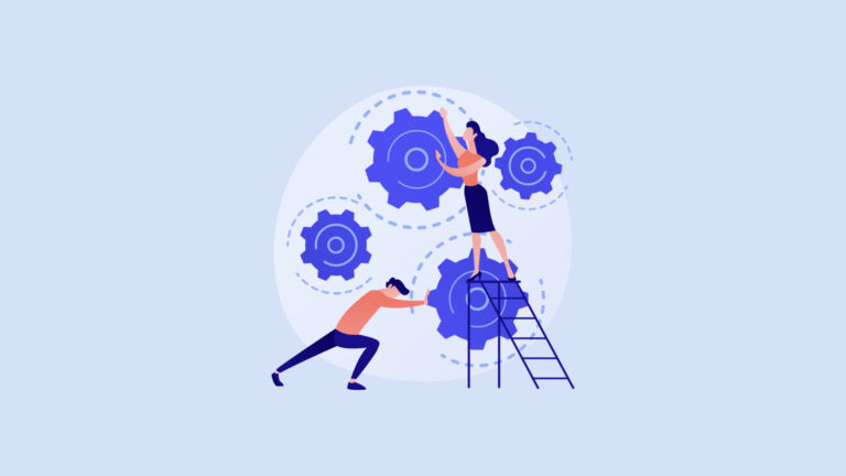 Ilustracja przedstawia dwie osoby współpracujące przy ustawianiu mechanizmów, symbolizujące wspólne dążenie do zmiany nawyków i rozwiązywania problemów.